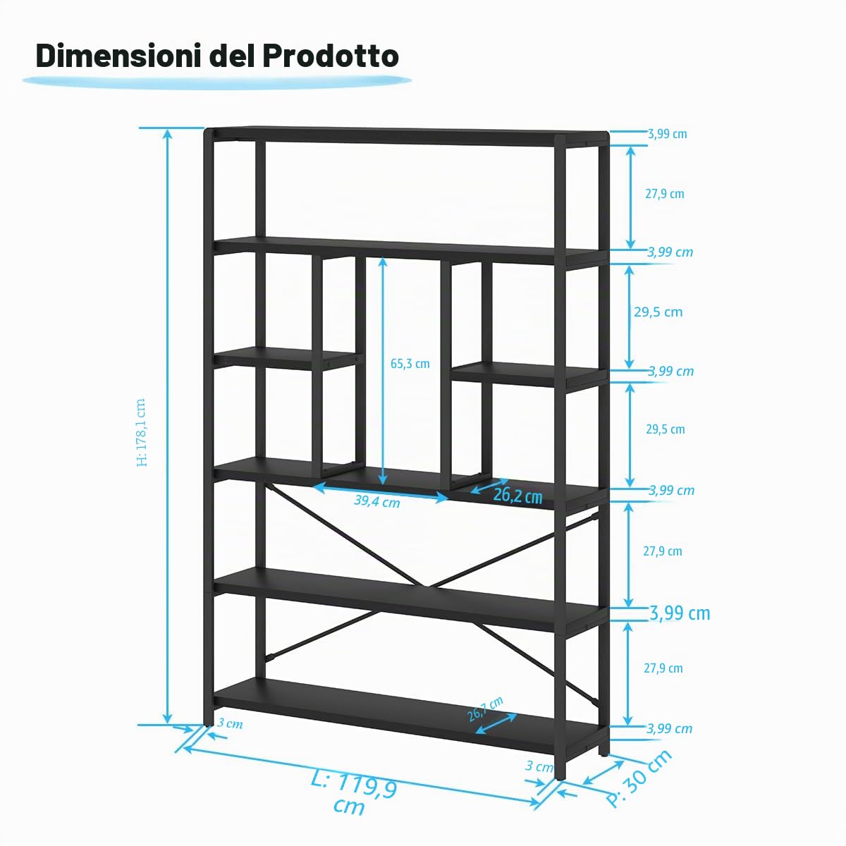 LVB Libreria a 6 Livelli, Scaffale da Soggiorno, Scaffale a Colonna, Libreria Industriale per Soggiorno, Camera da Letto, Cucina, 120 x 30 x 180 cm, Vintage Marrone Scuro