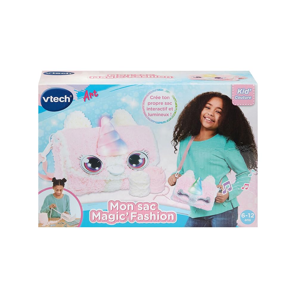 VTech - Kid'Couture My Magic'Fashion Unicorn Bag, ręczne szycie dziecięce, zestaw DIY interaktywna torebka do szycia, kreatywny wypoczynek elektroniczny, prezent dla dzieci od 6 lat - zawartość w