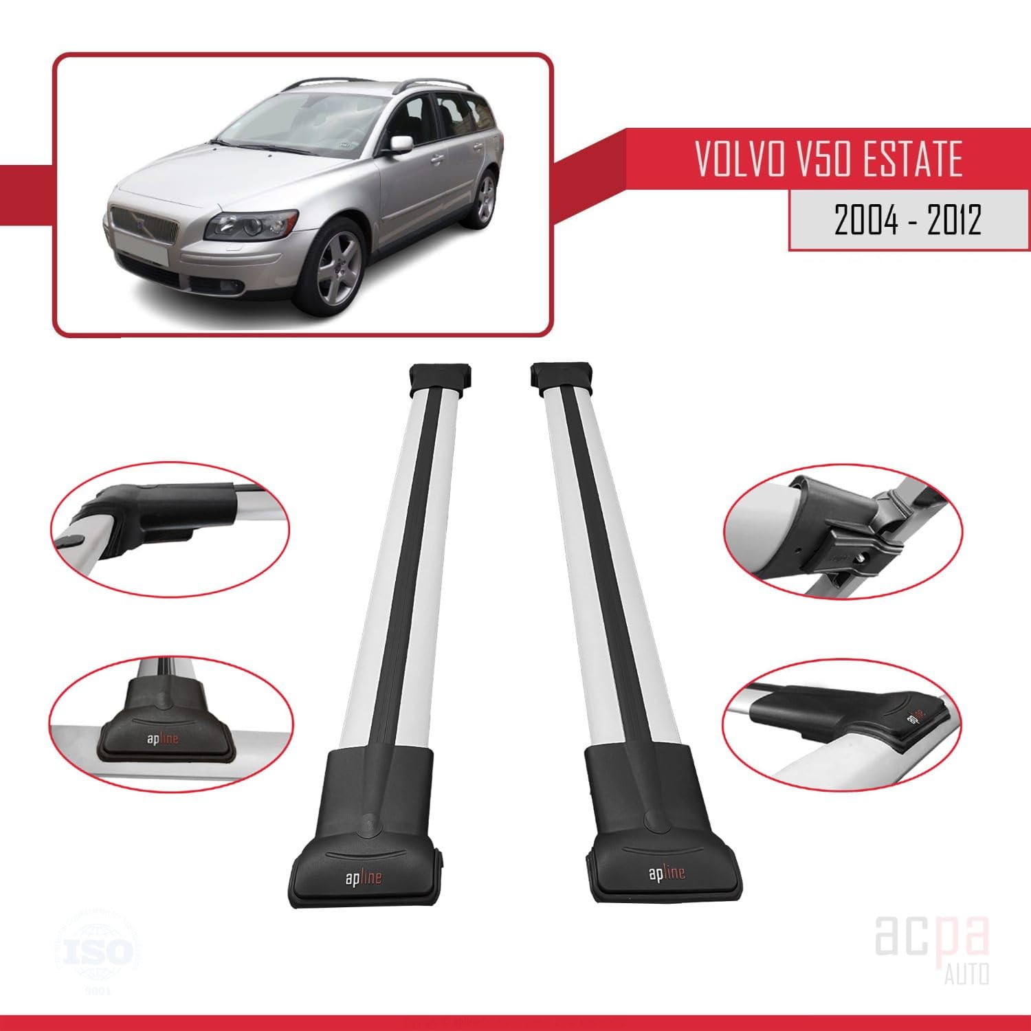 Kompatybilny z Volvo V50 2004-2012 Fly Model reling bagażnik dachowy bagażnik samochodowy szary aluminium 2 pręty
