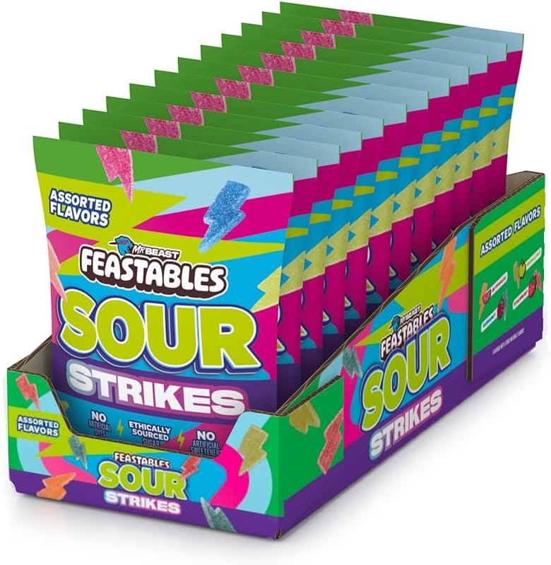 MrBeast Feastables Sour Strikes Gummies, 12 Count, Mixed Sour Fruit Candy with Watermelon, Green Apple, Strawberry & Raspberry, Fairtrade Sugar
