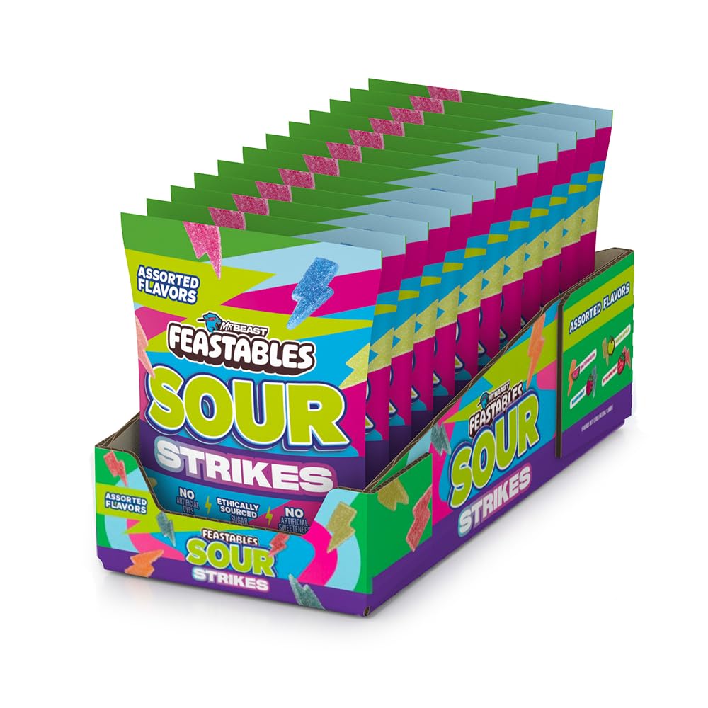 Feastables Mrbeast Strikes Sour Candy, Mixed Gummies With Watermelon, Green Apple, Strawberry, and Raspberry Flavors, Candy for Adults & Kids as Snacks or Dessert, Made With Fairtrade Sugar, 12CT