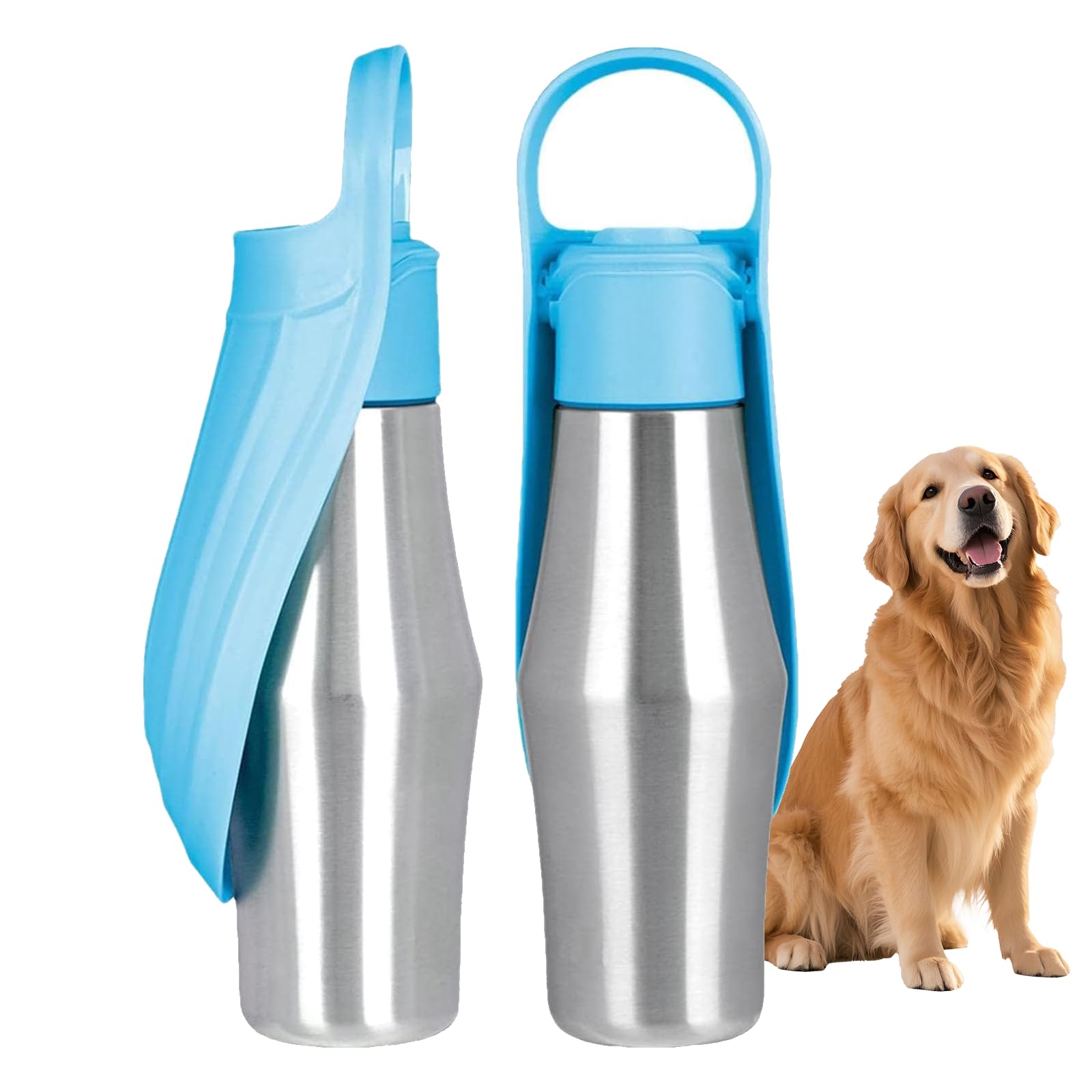 Portable Dog Water Bottles 750mL, Stainless Steel Dog Water Bottle for Walking, Leak Proof Pet Travel Bottle with Foldable Silicone Bowl,Dog Water Bottle Dispenser for Walking,Hiking (blue)
