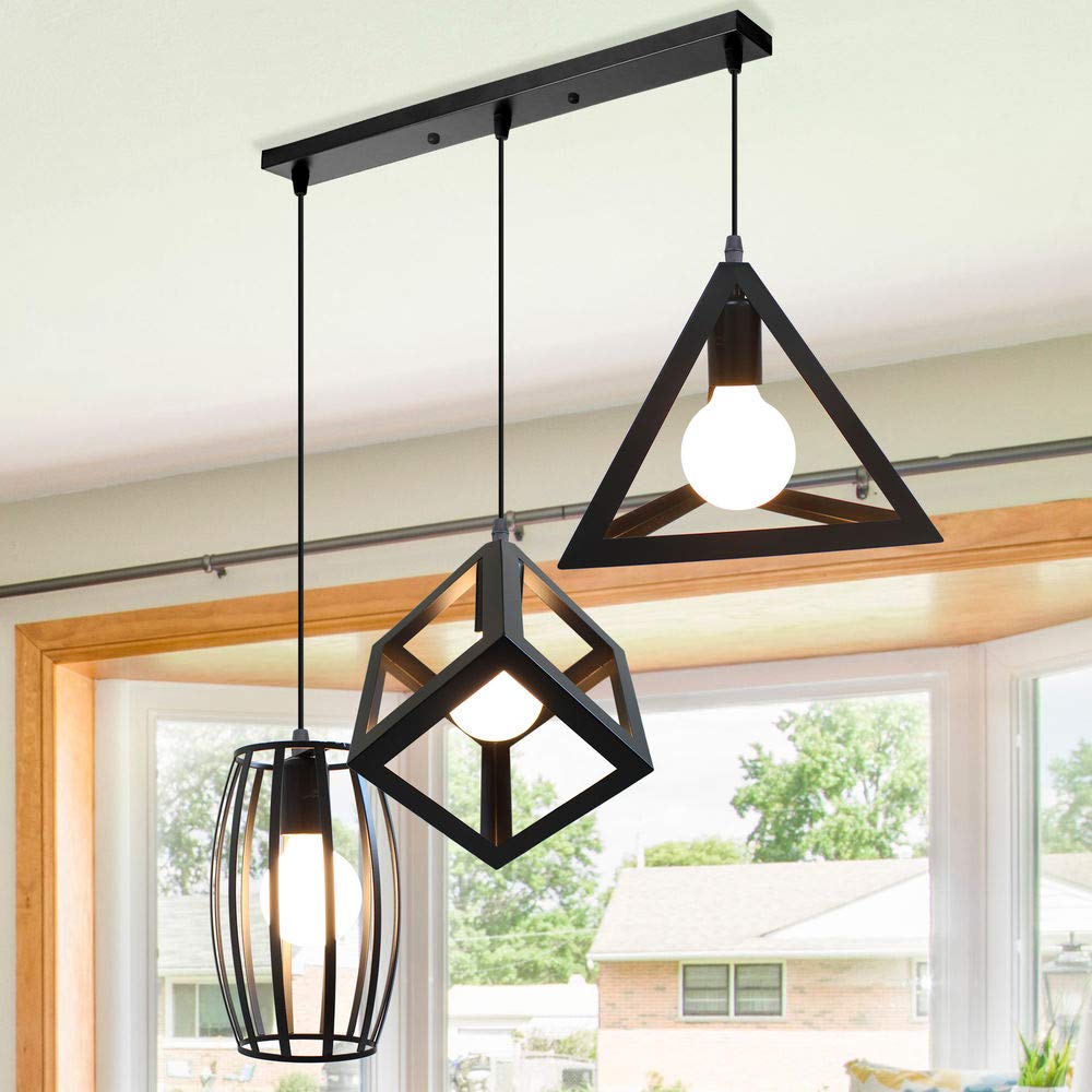 STOEX Creativo Lámpara de Suspensión Industrial Retro Lámpara 3 Colgantes Geométricos Lámpara Vintage de Metal para Salón Cocina Oficina Salón Comedor Negro