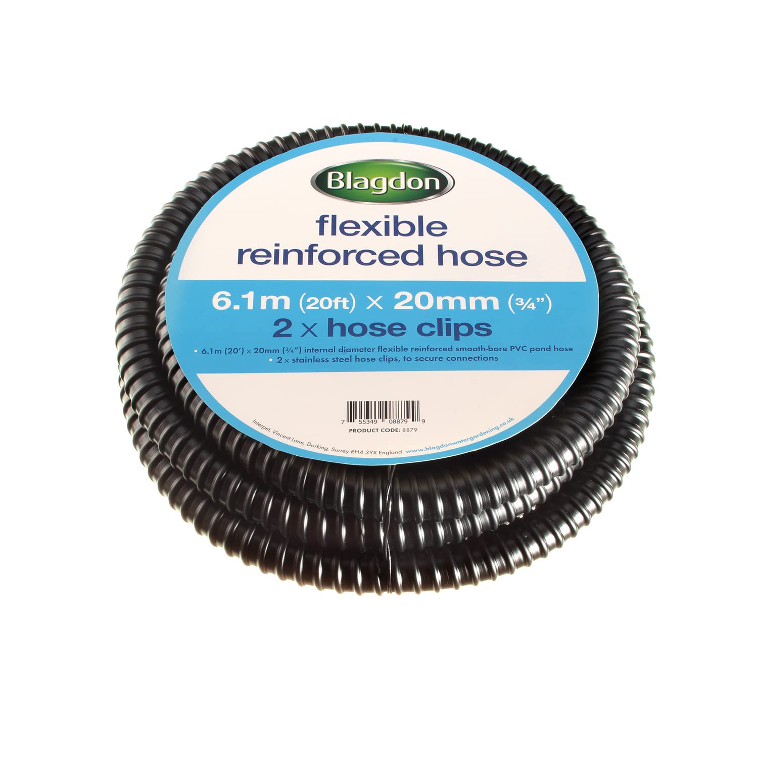 Blagdon Tubo flessibile rinforzato per laghetto, 6,1 m x 20 mm di diametro interno, tubo per laghetto in PVC a foro liscio, include 2 fascette stringitubo in acciaio inox, tubi ondulati, resistenti e