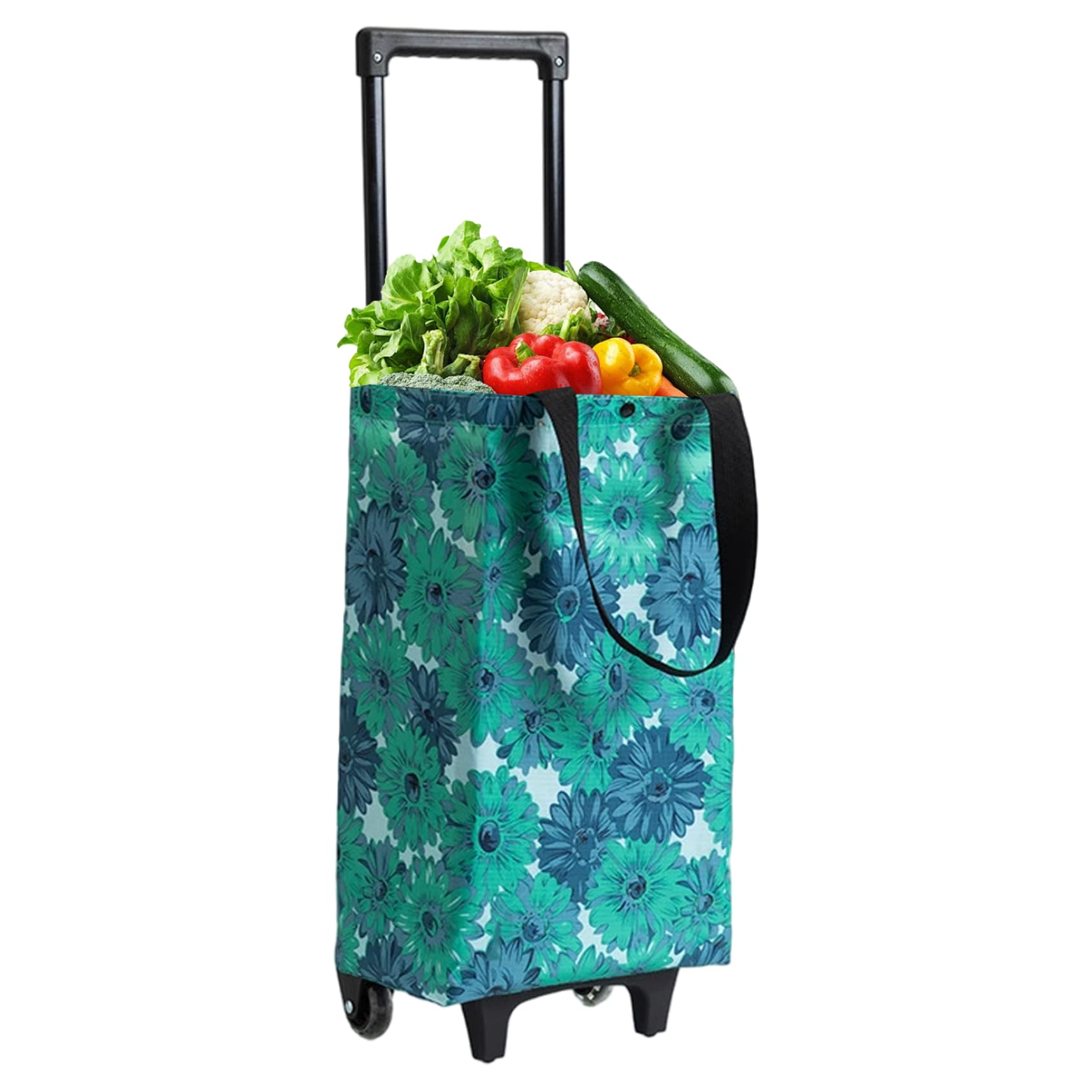 Carrello della spesa pieghevole con ruote, borsa per carrello della spesa con stampa floreale, pieghevole per supermercato, mercato all'aperto e picnic
