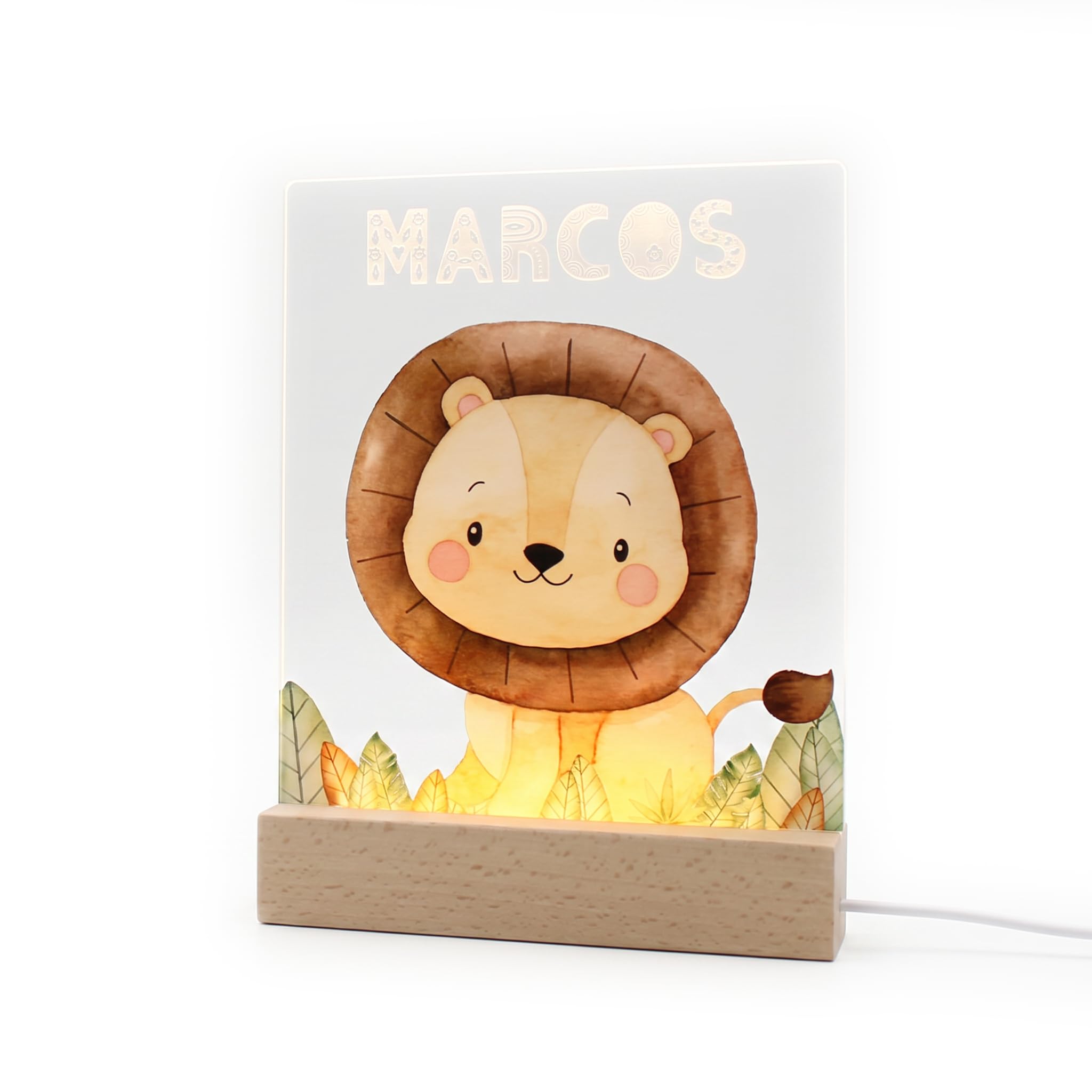 Dehome - Luz Nocturna Infantil Personalizada con Nombre – Lámpara Quitamiedos con el Nombre Grabado que se Ilumina – Luz LED Cálida, Regalo Bebé Nacimiento y Bautizo - Safari