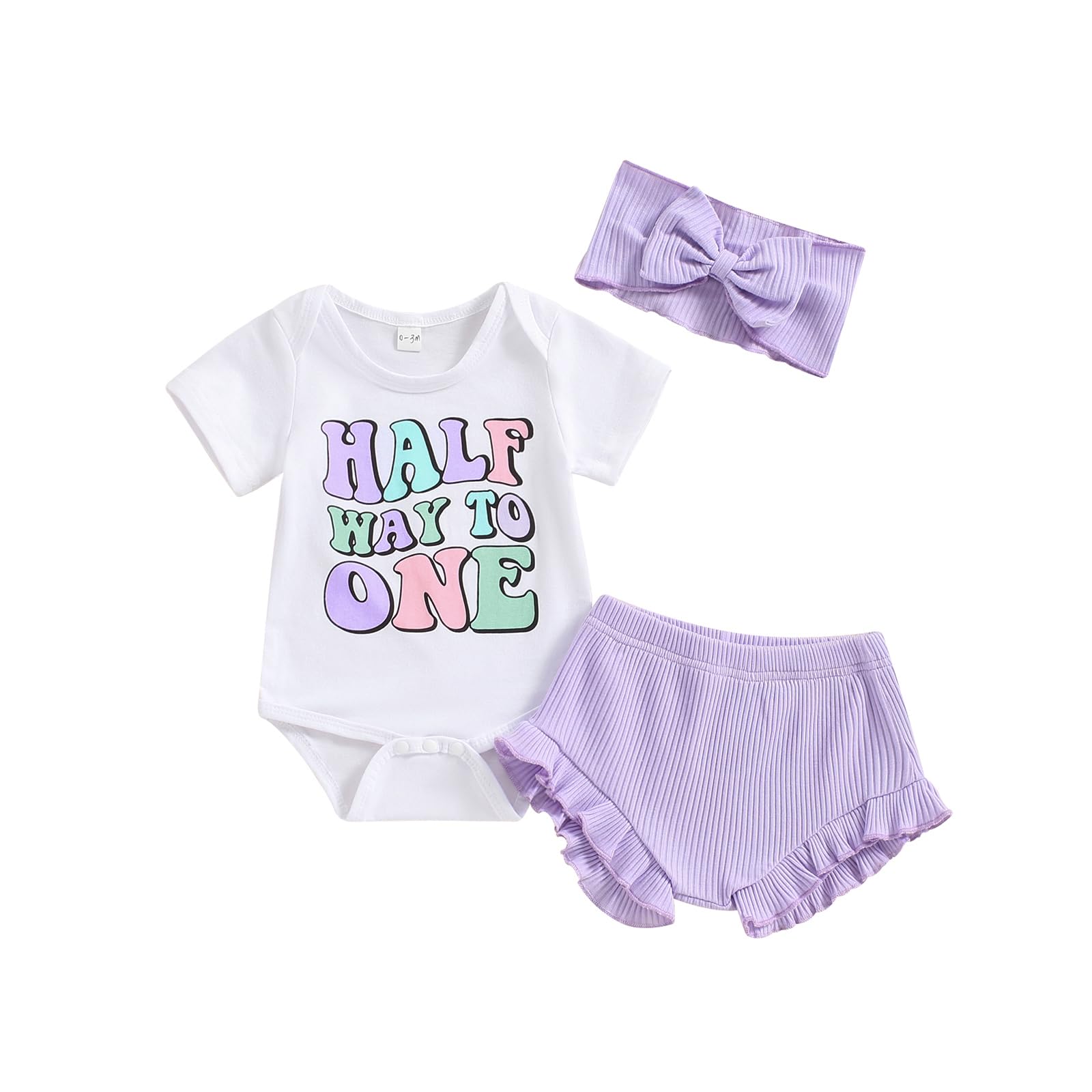 Baby Girl Half Birthday Outfit Half Way to One Short Sleeve Romper Ruffle Shorts Set Infant Summer Clothes Headband (Lavender, 6-12 Months)