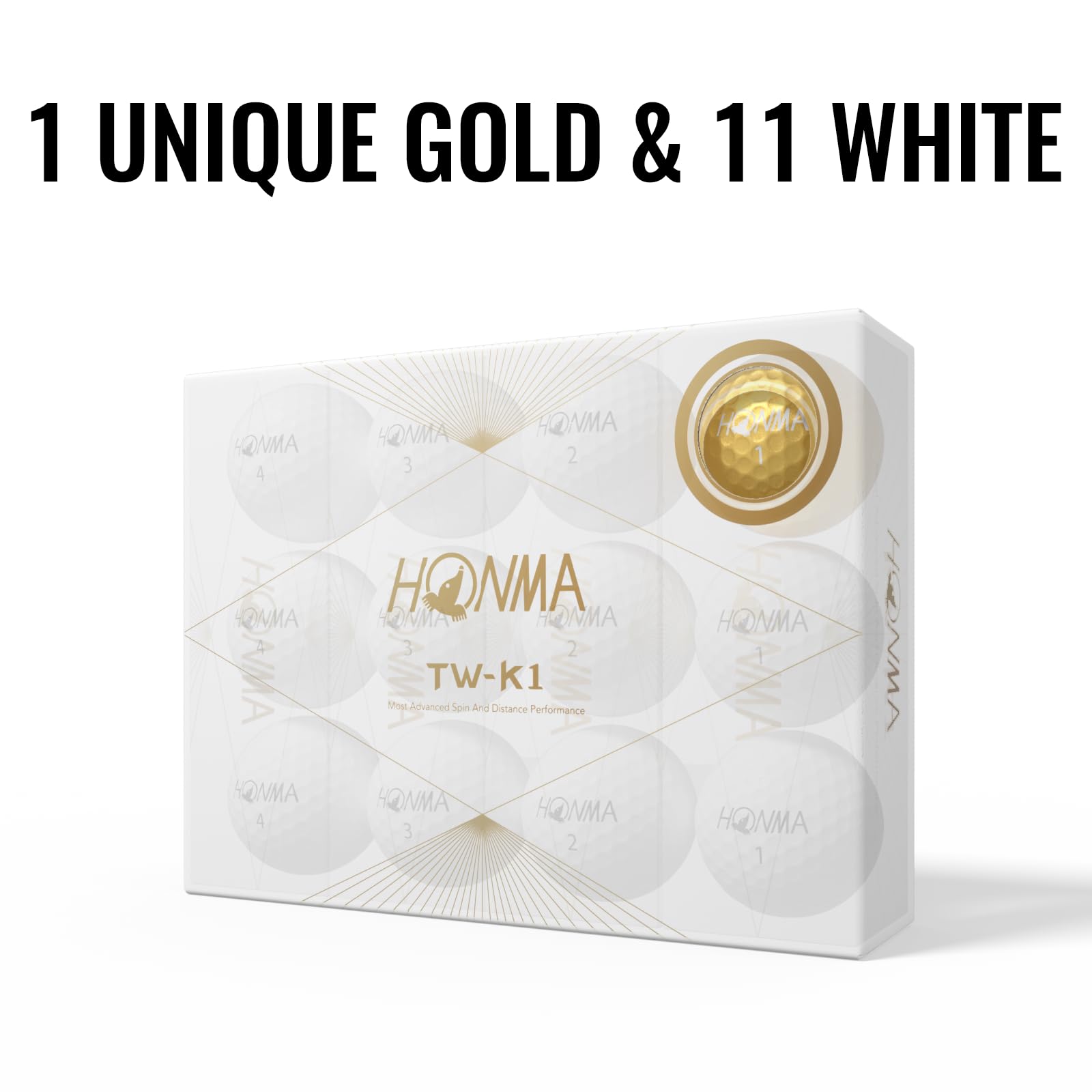 Honma TW-K1 Premium-Golfbälle (1 Dutzend), 1 exklusiver Goldball + 11 weiße, Tour-Level-Performance mit Urethan-Abdeckung, aerodynamische Noppen für hohen Start und Greenside-Präzision, für Männer und