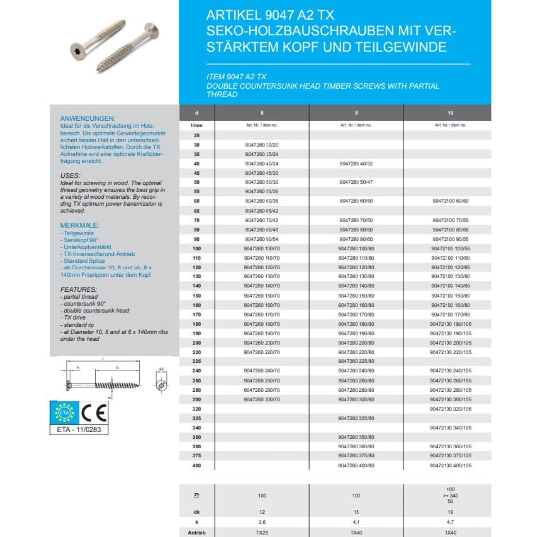 Tornillos para aglomerado, 8 x 180 mm, 100 unidades, acero inoxidable A2, cabeza avellanada, rosca parcial con cabeza reforzada, tornillos para madera meinschraubenversand.de