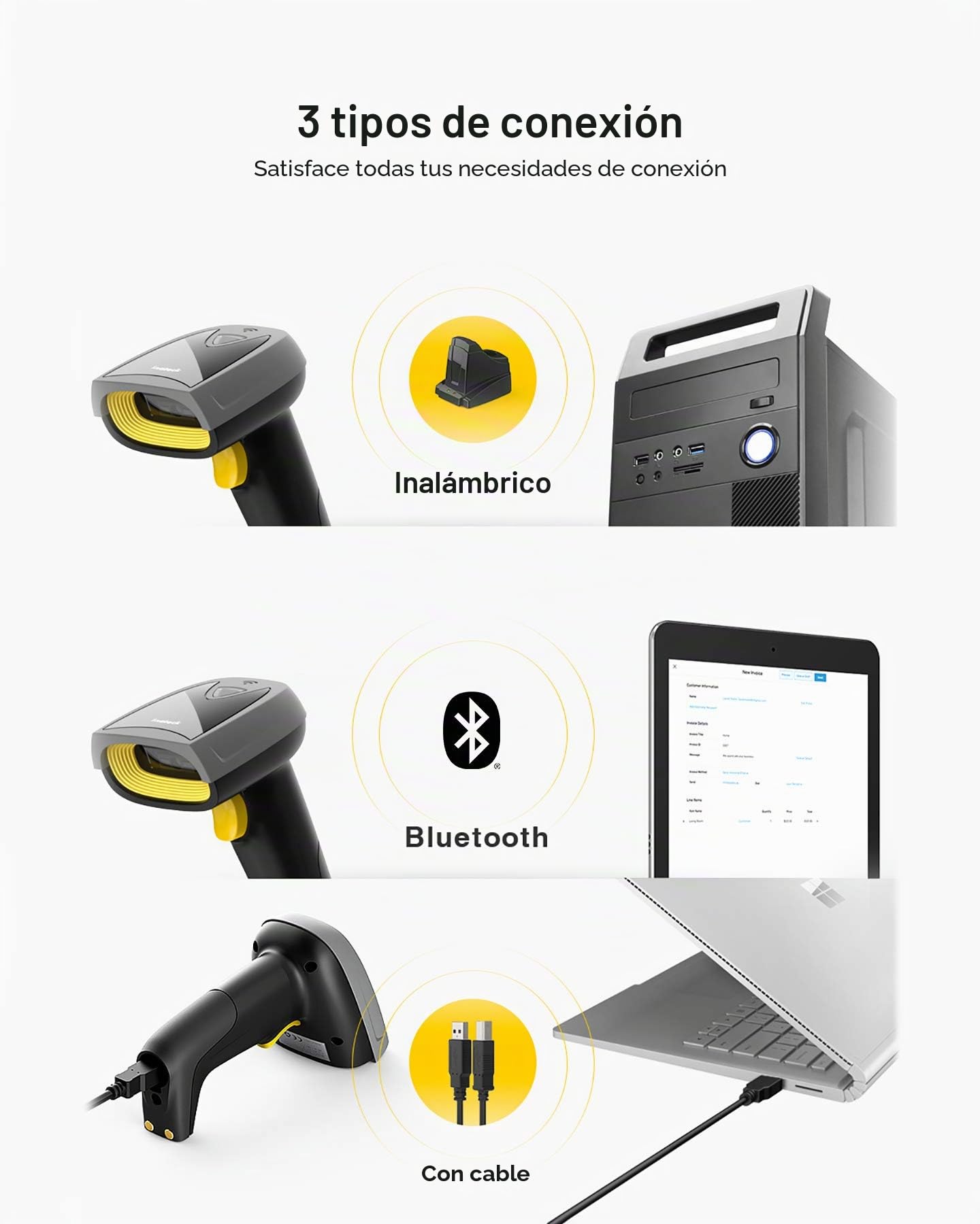 Inateck 2D QR Lector de códigos de Barra Inalámbrico, códigosi QR con Base Smart, Bluetooth, Lectura sobre Pantalla, BCST-52