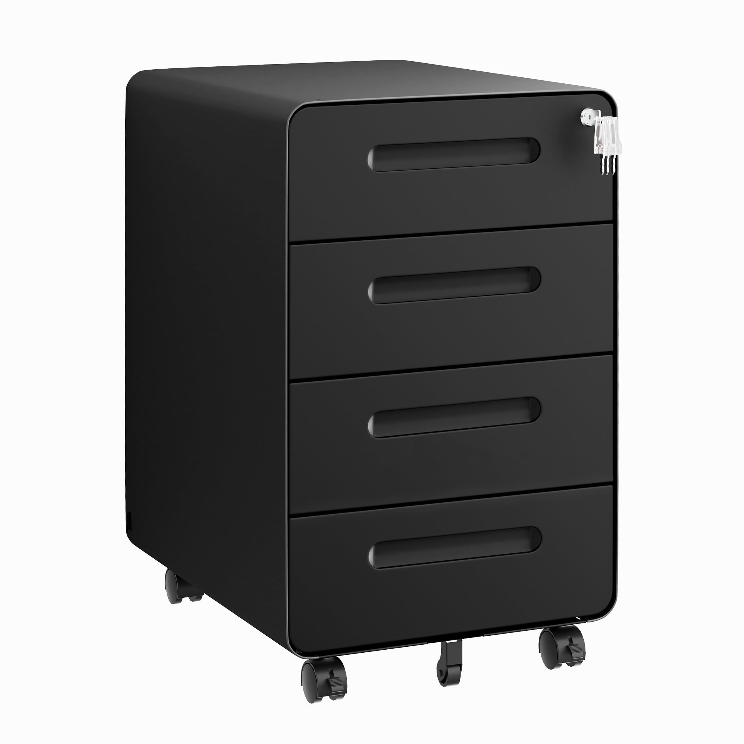 Rollcontainer mit 4 Schubladen, Aktenschrank, Abgerundetes Eckendesign, Abschließbar, 4 Schlüsseln, Schubladenschrank für Büro und Home Office, Schwarz