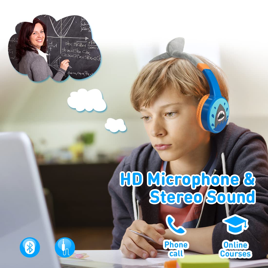 Bluetooth Kopfhörer Kinder, Shark Kinder Kopfhörer mit Kabel, Mikrofon, 85dB Lautstärkebegrenzung, 3.5mm Jack, Audio-Sharing, Over Ear Jungen Mädchen Headset für Tablet/Reisen