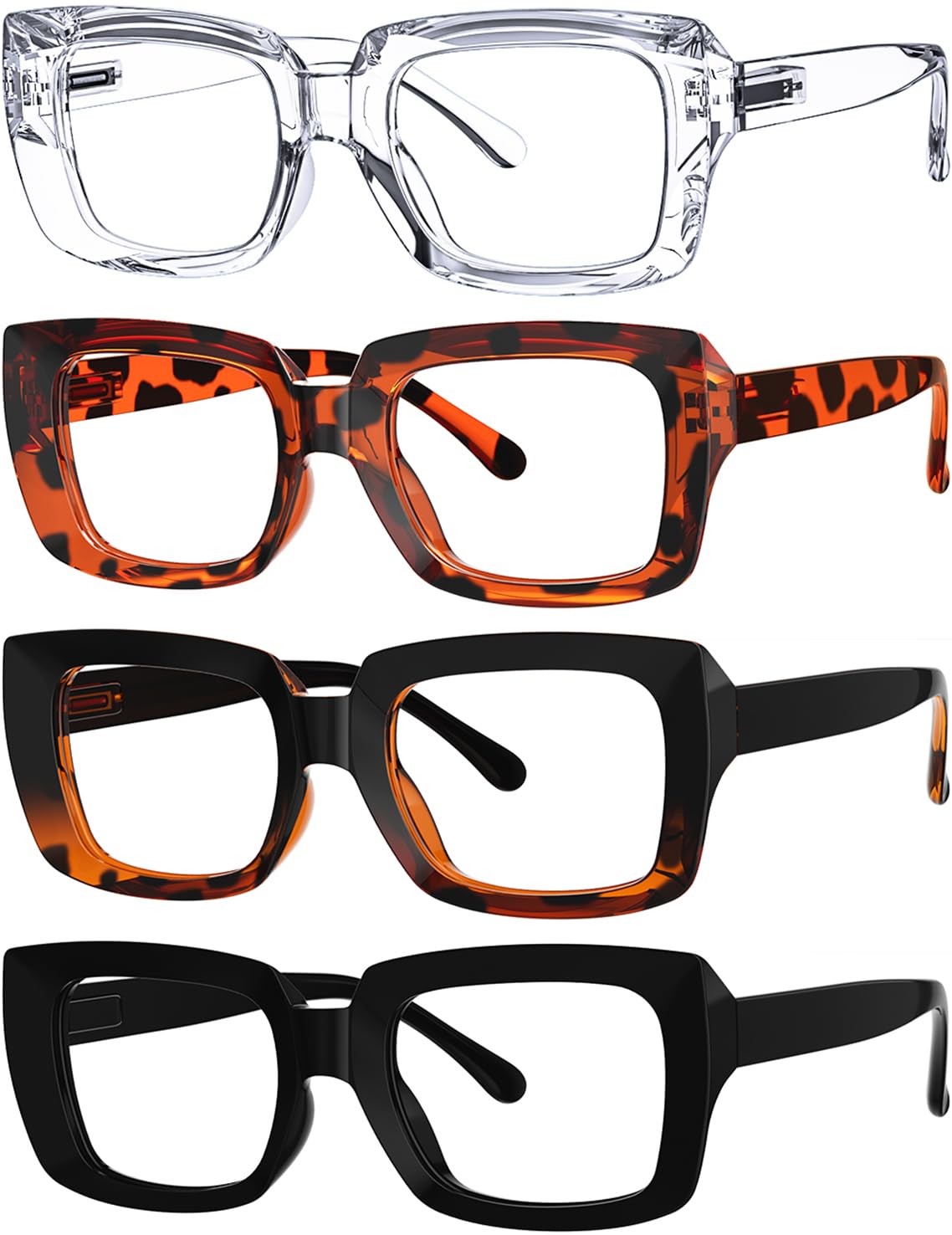 4 Pack Ladies Reading Glasses - Stylish Oversized Square Readers for Women
