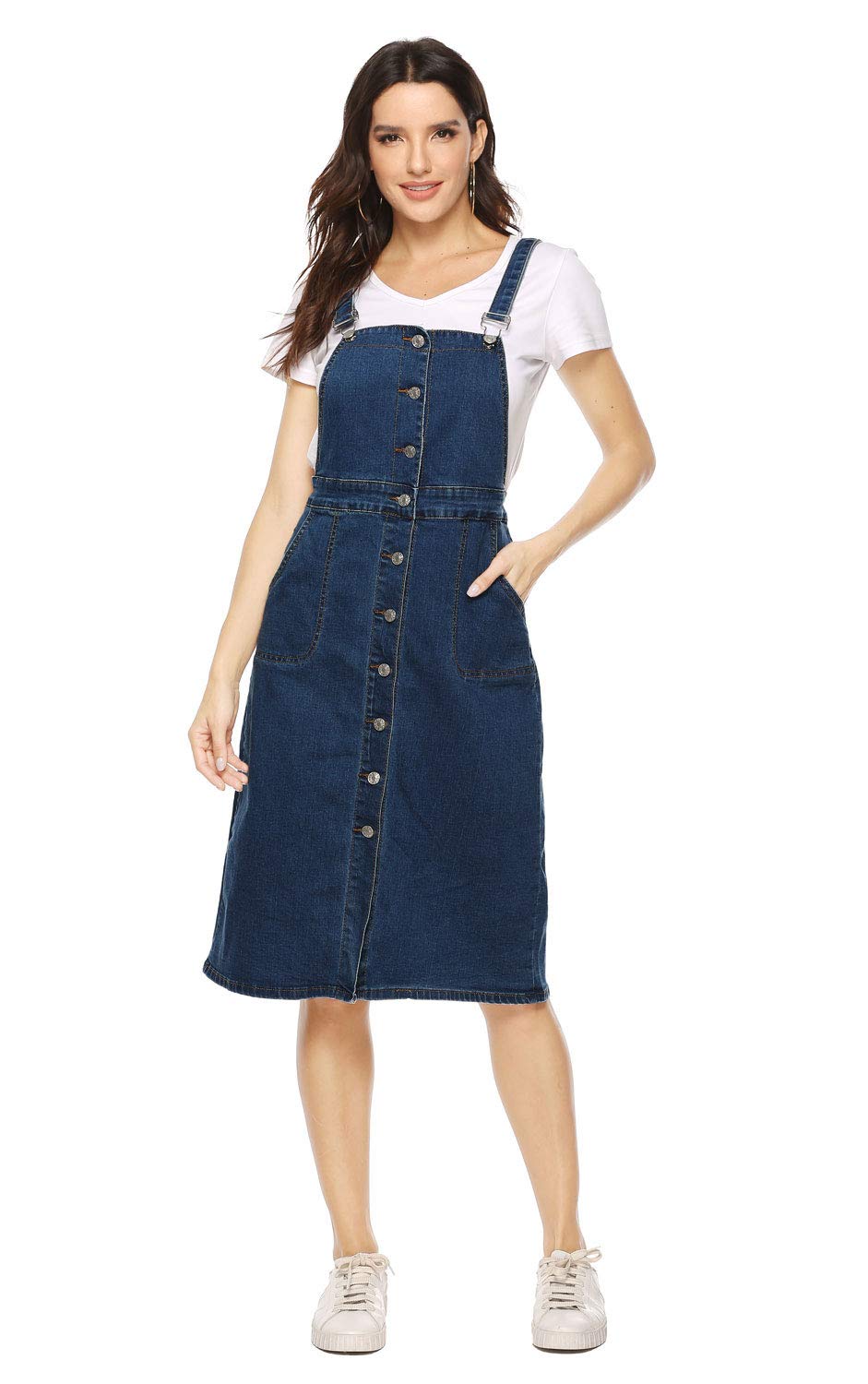 Soojun Women's Adjustable Straps Button Down Overall Denim Dress