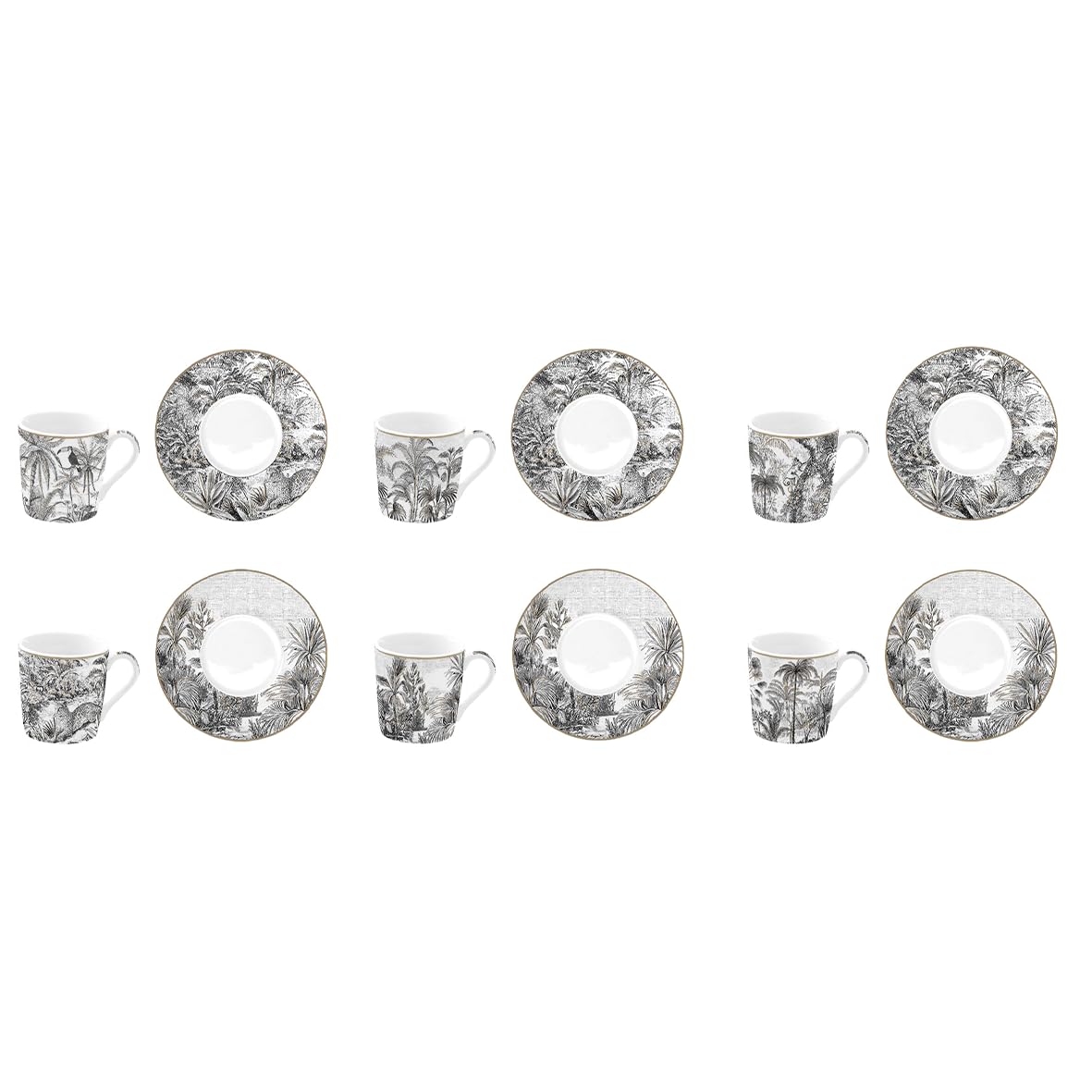 COFFRET 6 TASSES A CAFE 10CL EN PORCELAINE RETRO JUNGLE, Noir
