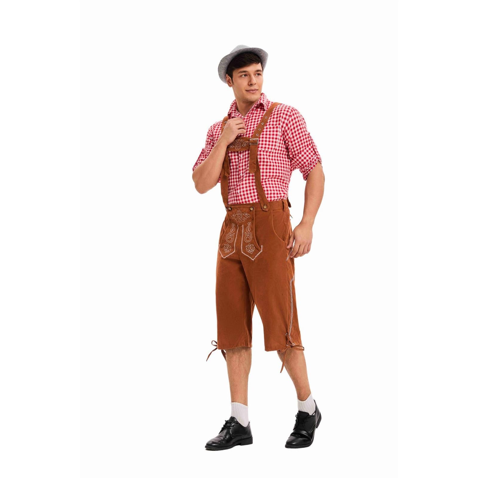 Lederhose Herren Set, Lederhosen Tracht Herren Trachtentrachtenlederhosen Kurz Trachtenhose Vintage Trachtenlederhose Oktoberfest Outfit Men Hose + Hemd + Mütze