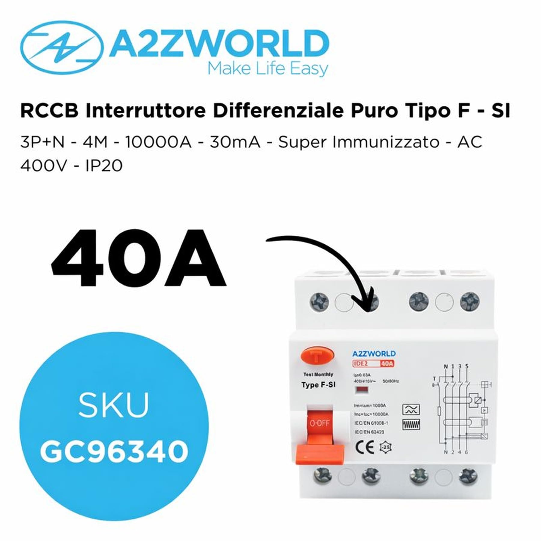 RCCB Interrupteur différentiel pur type F triphasé 40A, 3P+N 4 modules DIN, 30 mA, 6000 A, AC 380 V, IP20