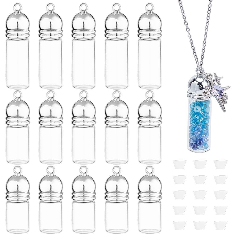 NBEADS 15Pcs 3 Styles Clear Glass Bottle Necklace, Vial Pendant Openable Perfume Bottle Necklace Glass Vial Pendant Glass Container Necklace for Pendant Arts Crafts Wedding Party Favors