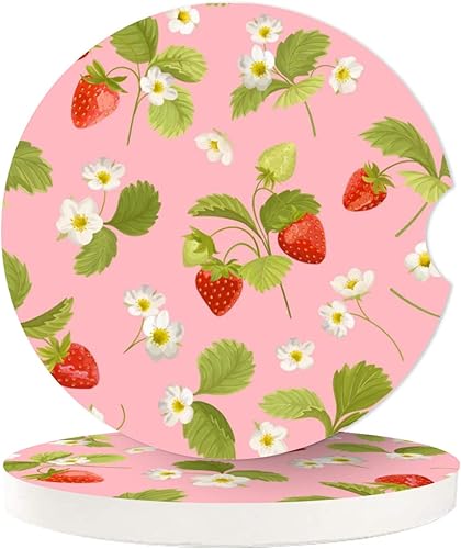 Portavasos para automóvil, bonitas flores de fresa, 1 portavasos absorbentes, base de corcho para bebidas con muesca para el dedo para un fácil