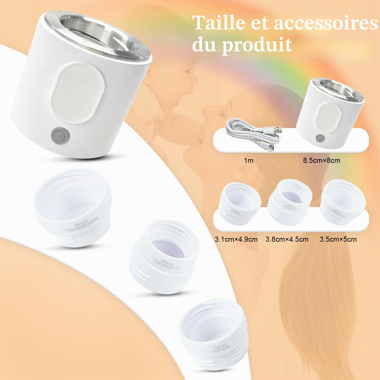Chauffe Biberon Nomade, Chauffe Biberon Portable pour Bébé, 4 Niveaux de Puissance, 2 Modes, Protection Contre la Chauffe à Sec, Lavable pour Voiture et Voyage