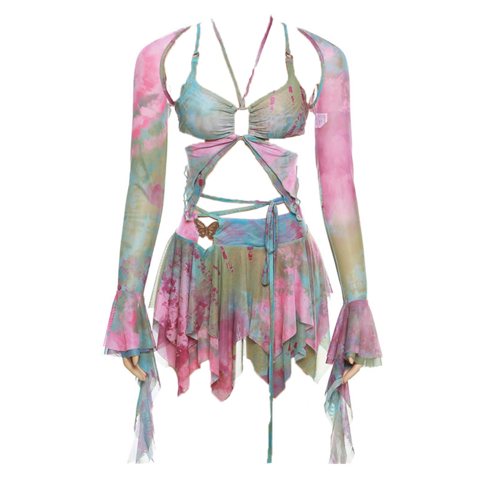 Costume da bagno da donna in 3 pezzi con top corto e gonna irregolare