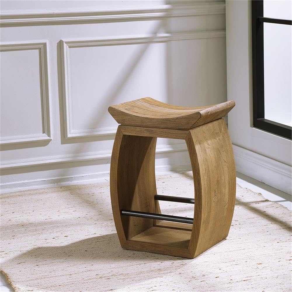BOWERY HILL Modern Reclaimed Elm Wood Counter Stool, Brown Finish, Steel Footrest, Scooped Seat, Coastal Style, 25 in Height, 18 in Width, Rustic Kitchen or Bar Seating, Durable Solid Wood