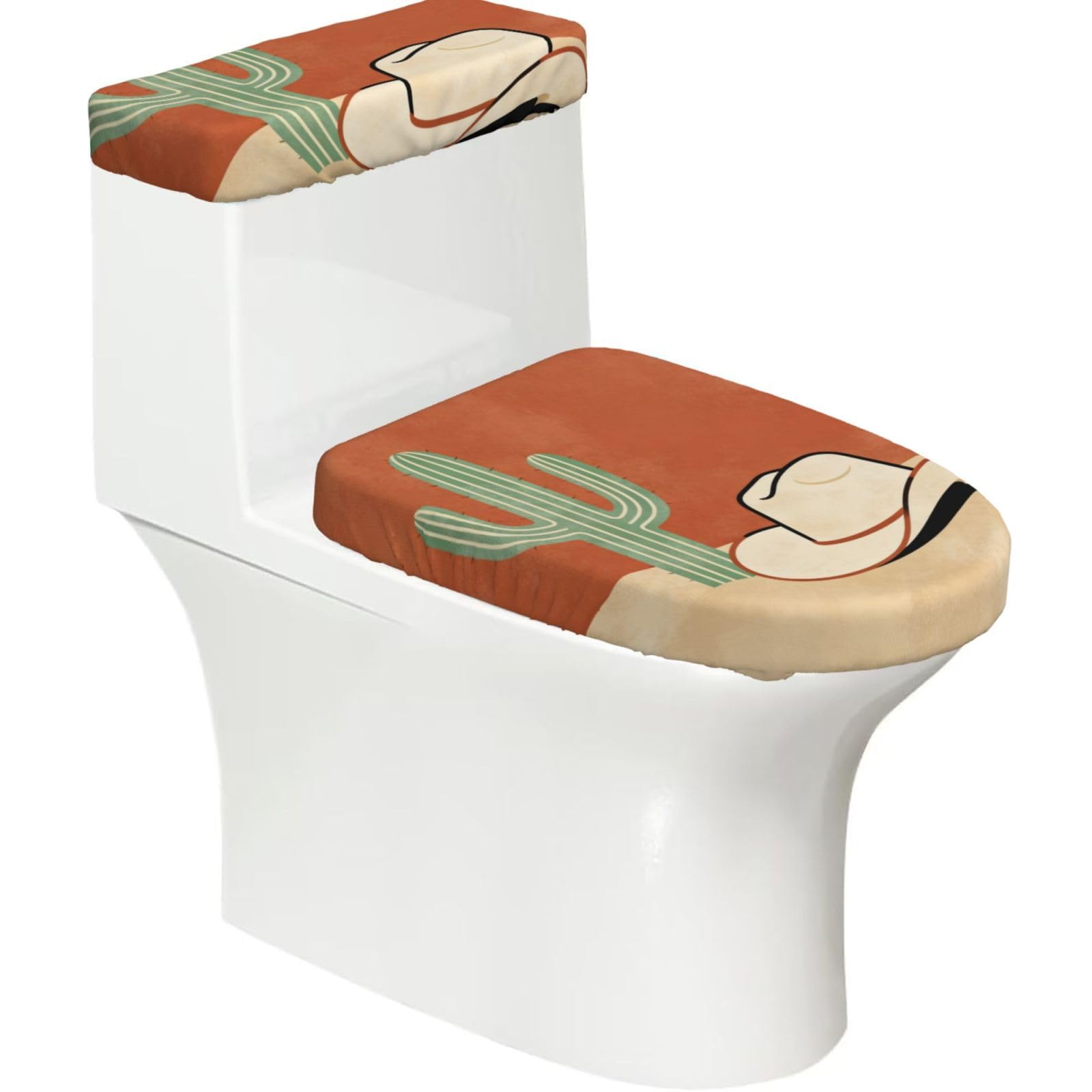 Western Cowboy Elastic Toilet Cover Set of 2-Stretchy Lid and Tank Covers for Bathroom, Soft Washable U Shape Toilet Decor