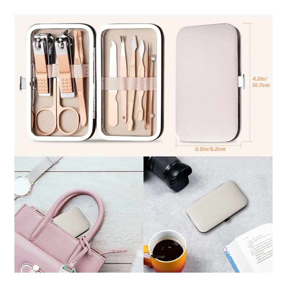 Cortaúñas, Set de manicura de Acero Inoxidable 10 en 1 con Estuche de Cuero, Kit de uñas de Regalo para Viajes