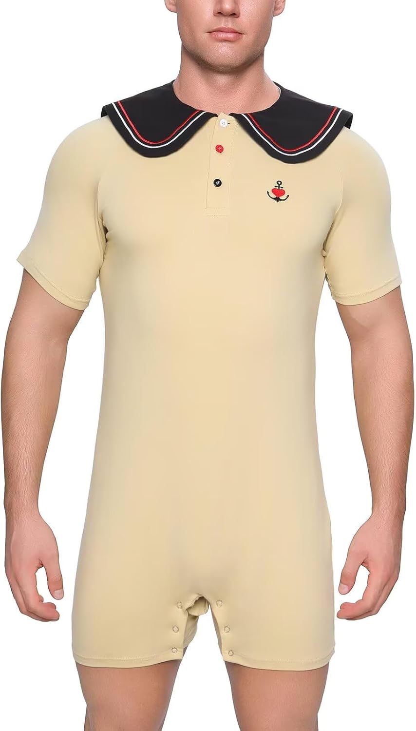 Landofgenie Men’s Cotton Onesie Sailor Collar Bodysuit Short Sleeve Print Romper Pajama - Captain - Image 3