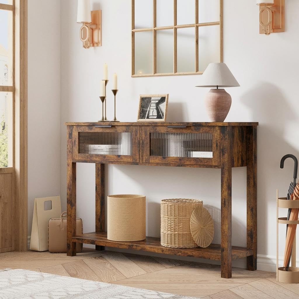 GarveeHome Mesa Consola Farmhouse Estrecha de Madera clásico marrón - 2 Niveles, cajones de Vidrio, Almacenamiento versátil - Acabado clásico 25 años