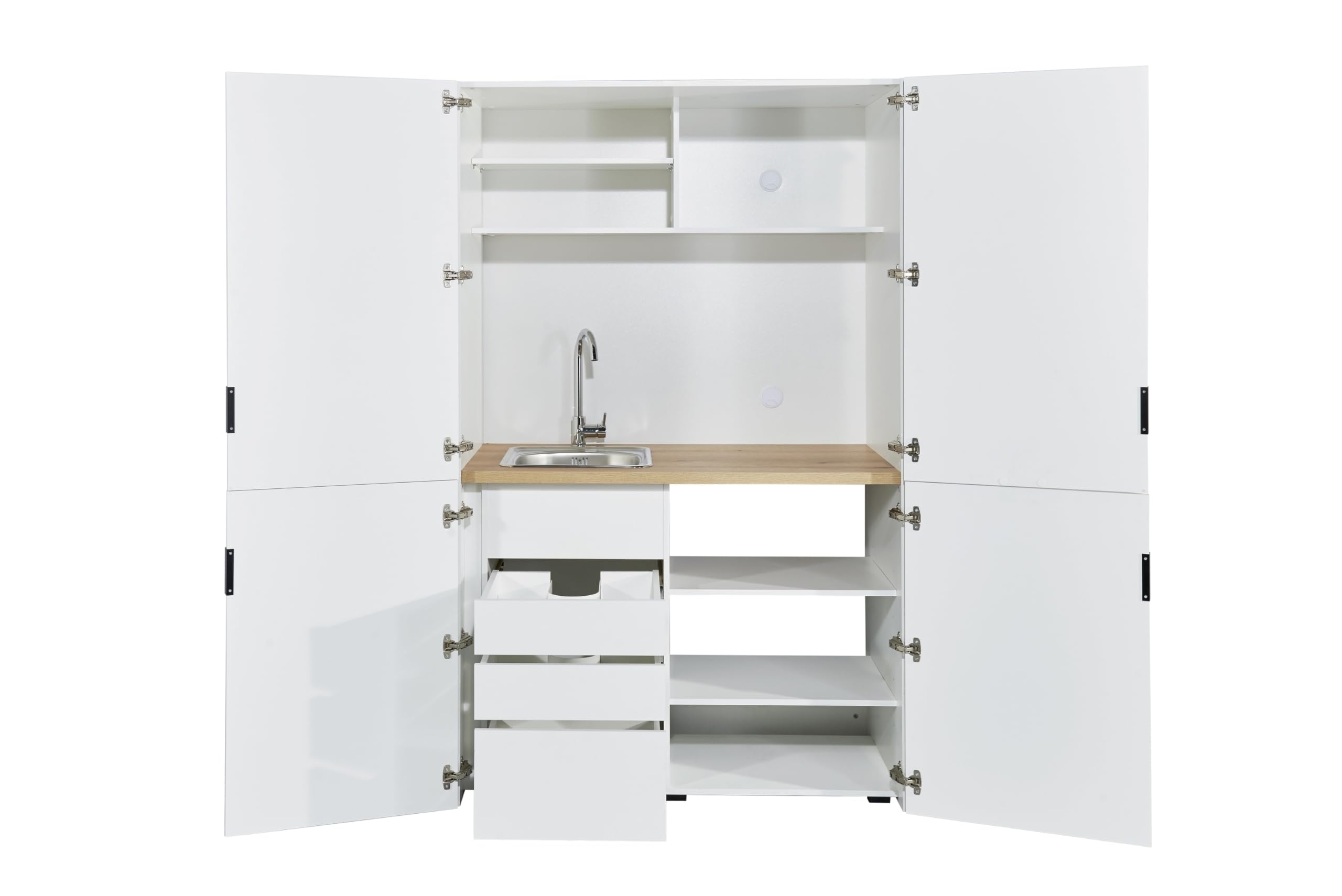Miniküche >Heidelberg< Weiß, kompakt & funktional: Studentenküche 124x200x70 cm mit Kühlschrank-Nische, Schubladen, Türen, FSC-zertifiziert, Kabeldurchführung, 28 mm Arbeitsplatte – zerlegt geliefert