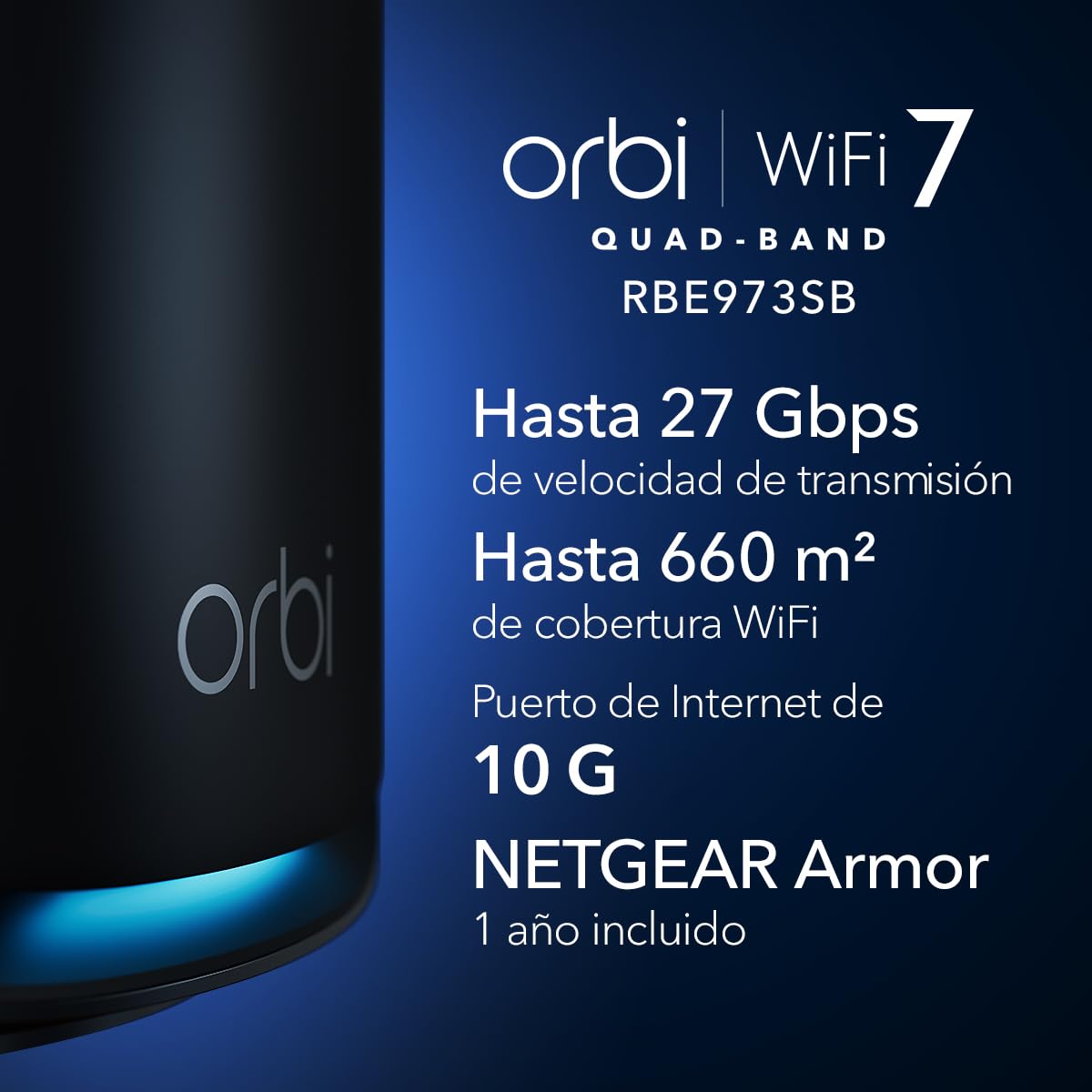 NETGEAR Orbi 970 | Sistema Mesh WiFi 7 | RBE973SB | Router WiFi 7 y 2 satélites | hasta 27 Gbits/s | Alcance 660 m² | Soporta 200 Dispositivos | Puerto Internet 10GB | Cuadribanda BE27000 | Negro — view 2