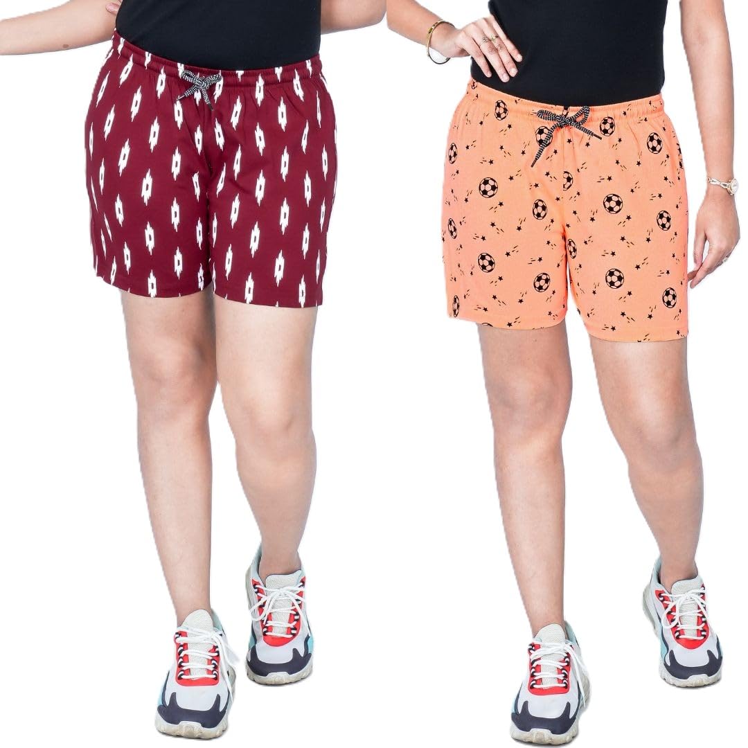 Women's Summer Cotton Maroon & Peach Color Printed Shorts-Pack of 2-image-31