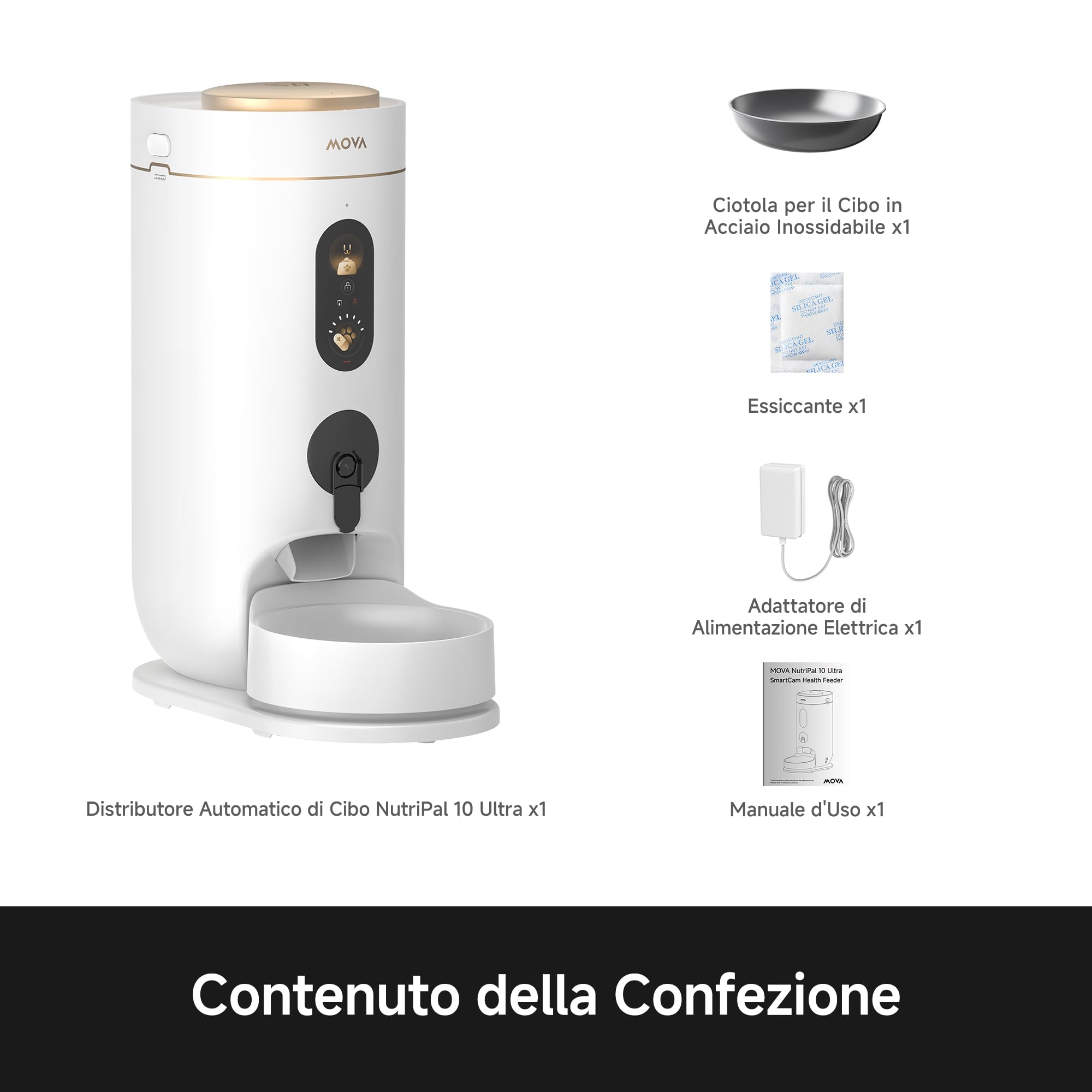 MOVA NutriPal 10 Ultra Distributore di Cibo con Pod Nutrizione 7 Giorni Separato, Camera HD 1080P, 4 Modalità Pasto, Pannello Stato Real-Time 4,2", Autonomia 20+ Giorni 4L, Croccantini Fino a 12mm