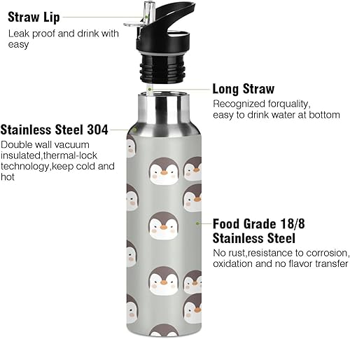 Miniatura 3 de Cute Penguins Face Gray Insulated Stainless Steel Water Bottle with Straw 20 Oz, BPA-Free Sport Water Bottle Insulated Leakproof Water Bottles