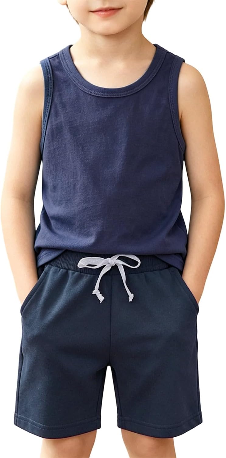 Kids 2PCS Outfits,Sleeveless Tank,Drawstring Shorts | Outdoor play wear | Soft stretch lightweight comfy fit