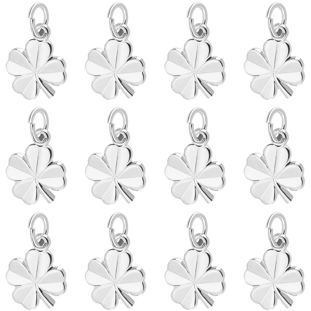 Beebeecraft 1 Box 40Pcs Four Leaf Clover Charms 925 Sterling Silver Plated Brass St Patrick's Day Lucky Shamrock Charms Good Luck Pendant with Jump Ring for Jewelry Making Necklace Bracelets Diy Craft
