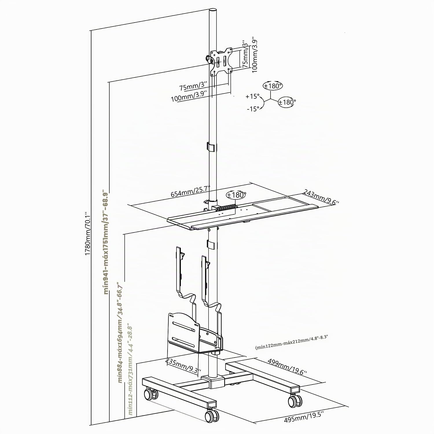 Maclean MC-793 Carro Soporte para Monitor, Teclado y Ordenador | Altura Ajustable | 17"-32" hasta 20 kg VESA 75x75, 100x100 | Construcción Robusta de Metal con Ruedas