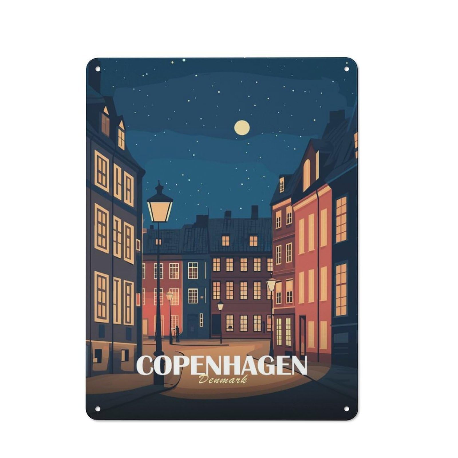 Copenhagen Denmark Night Cityscape Illustration Metal Wall Plaque 40x30cm, Simple Retro Studio Wall Plaque for Office, Study, Studio Or Hallway
