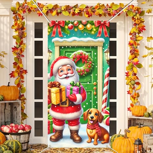 Image of BlissYard Christmas Door Cover Santa Dog 35x71 Inch Polyester