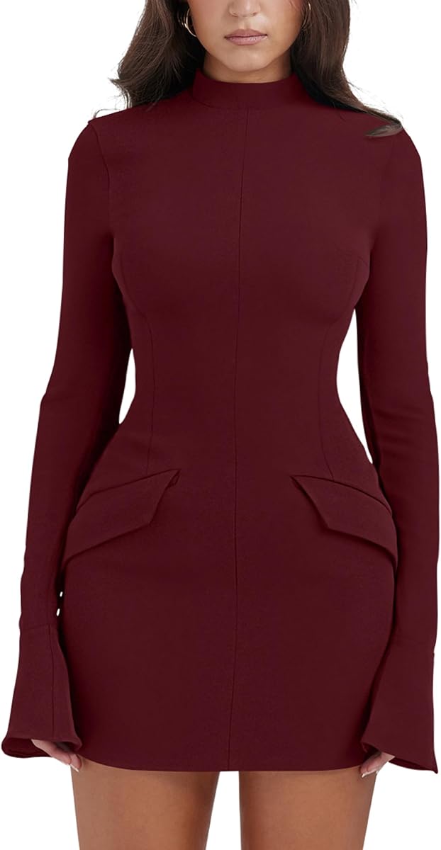 YMDUCH Women's Long Sleeve Mock Neck Bodycon Mini Party Dress