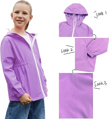 Vista 4 de MODAFANS Chubasquero ligero impermeable con capucha para niñas y niños, rompevientos para exteriores de 4 a 13 años
