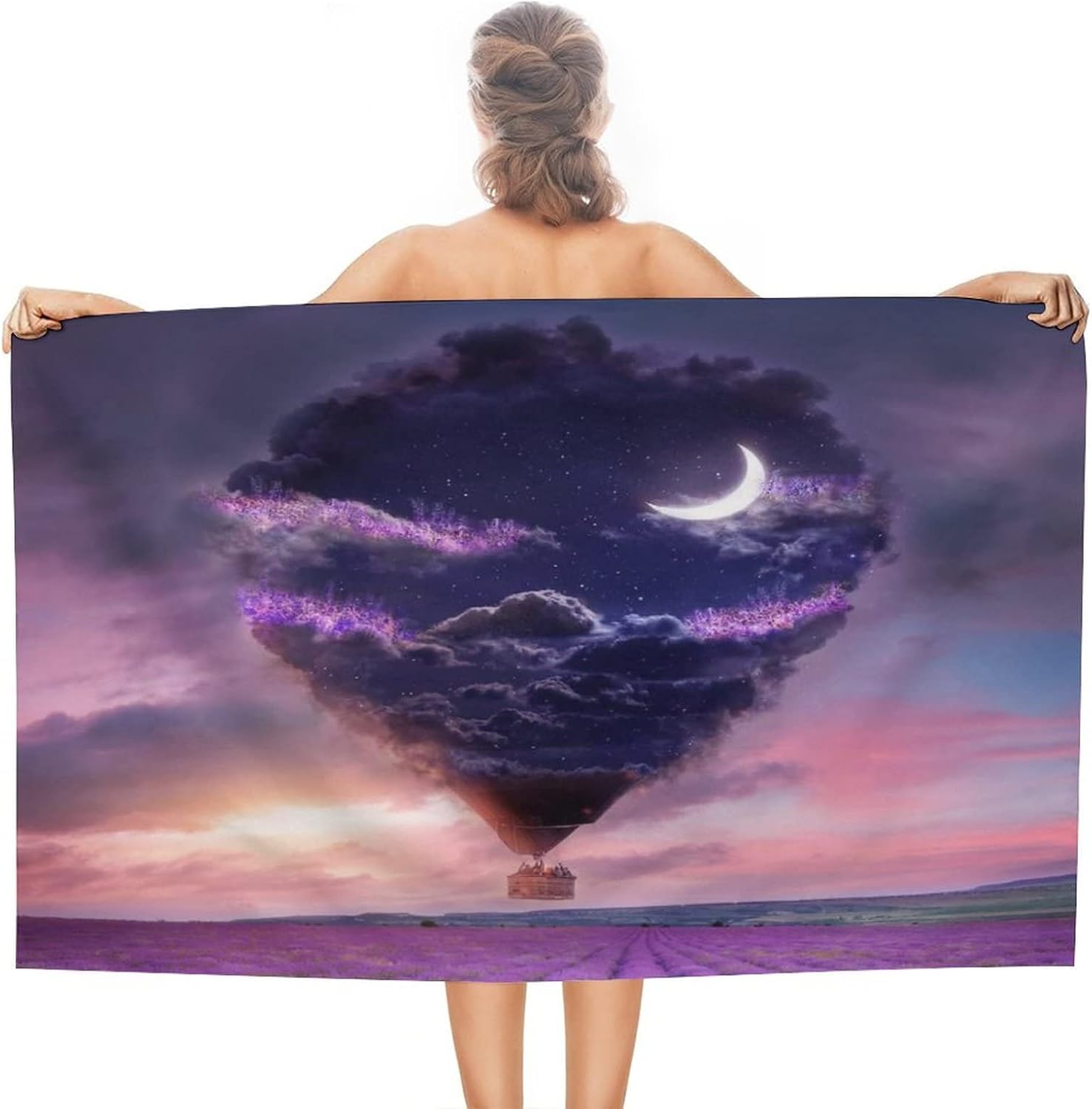 Cool Hot Air BalloonBeach Towel,Colorful Hot Air Balloon Purple Lavender Night Galaxy PrintedSand-Absorbing Microfiber Beach Towel for Beach, Travel, Bathroom Decoration.