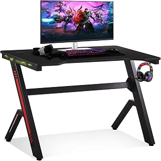 OFCASA Gaming Desk R Shaped Computer Desk with LED Lights Headphone Hook Cable Holes Large Racing Gaming Table for Home Office