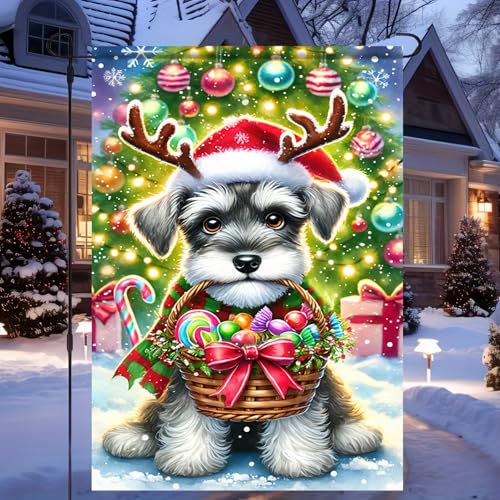 Image of BlissYard Christmas Garden Flag 12x18 Inch Schnauzer Plaid Yard Decor | Double sided polyester, schnauzer with plaid accents design, dog lover decor for Christmas porch and yard