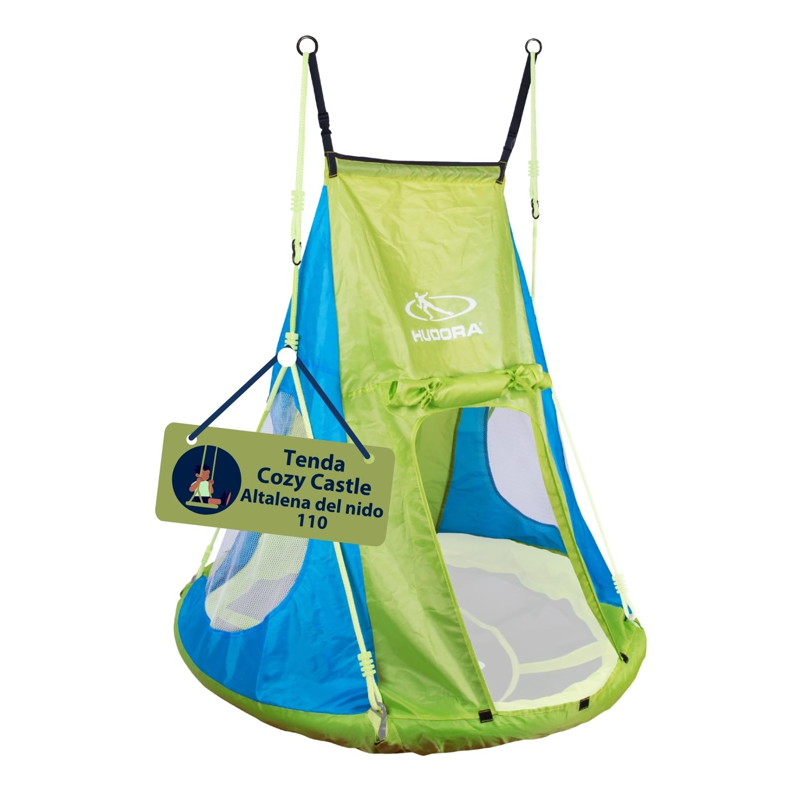 Tenda HUDORA Cosy Castle - copertura per altalena HUDORA nest 90 e 110/120 in blu/limone - tenda per altalena in poliestere per uso interno ed esterno - tettoia per altalena per bambini e adulti