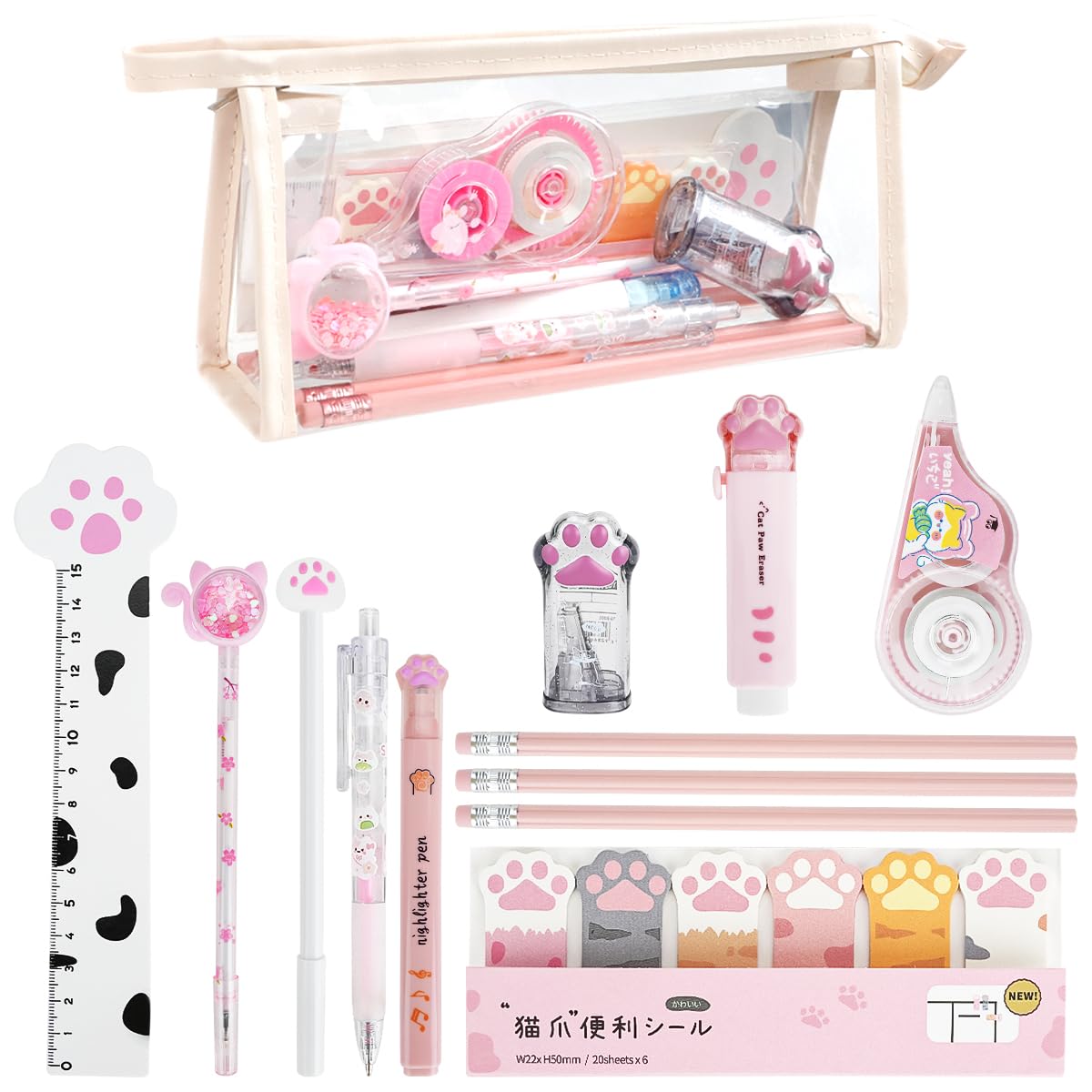 Kit Papeterie Patte de Chat 13 Pièces, Mini Rouleau à Crayons, Gomme, Ruban Correcteur, Stylos, Règle, Notes Adhésives, Surligneurs