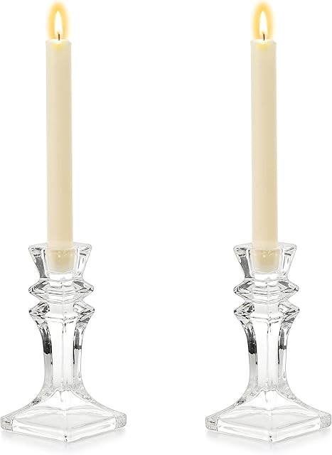 Romadedi Candle Holders Glass Crystal for Candlestick - Set of 2 Clear Taper Candle Holder Elegant Design Coffee Dinning Table Centerpiece for Wedding Party Christmas Home decoration, 16.5 cm