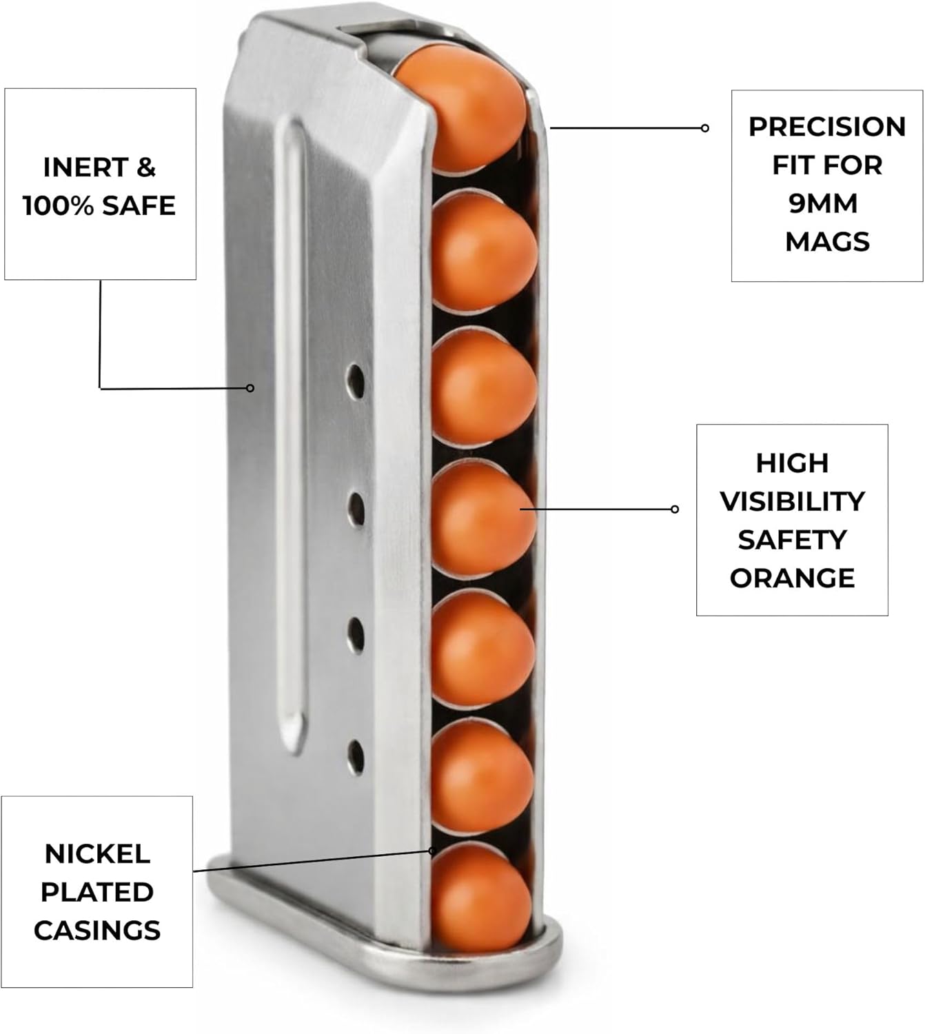 ST Action Pro 9mm Snap Caps - 20-Pack Inert Dummy Rounds for Dry Fire, Reloading & Malfunction Drills, Nickel Casing, Orange UV Insert, Veteran-Owned, Assembled in USA
