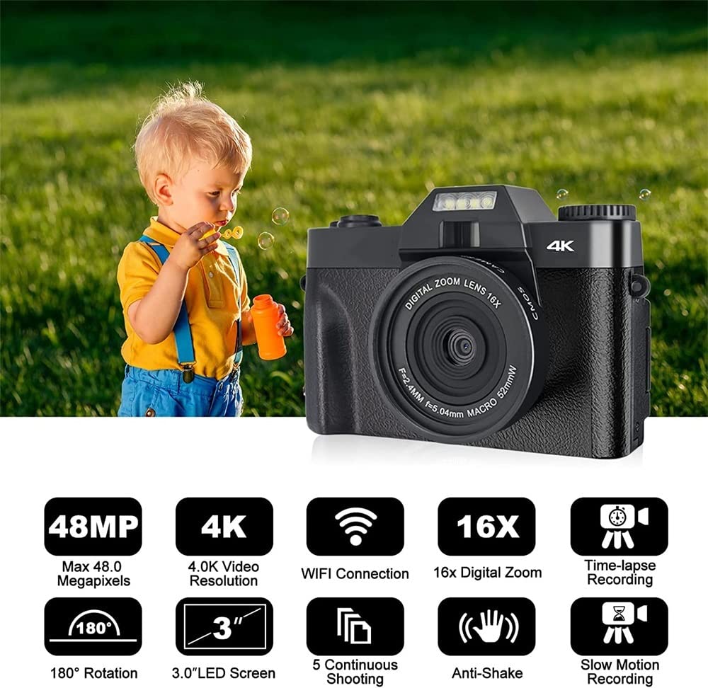 Caméra vidéo Caméscope Appareil Photo numérique 48MP Caméscope 4K Vlog 3.0quot;Webcam Selfie à écran Rabattable 180 ° for Objectif Macro Grand Angle(64G TFCard,with Lens Filter)